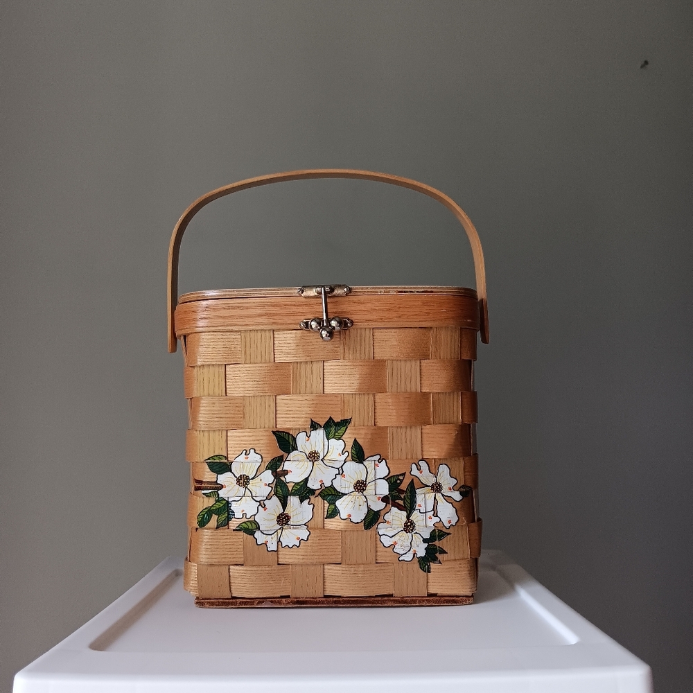 Vintage Signed Caro-Nan Floral Woven Wooden Wicker Basket Bucket Purse White Tan - Picture 16 of 16